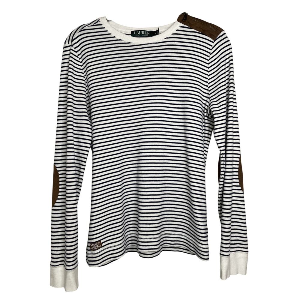 Ralph Lauren Ladies Long Sleeve Striped Top - Brown Elbow Patches - Size Large